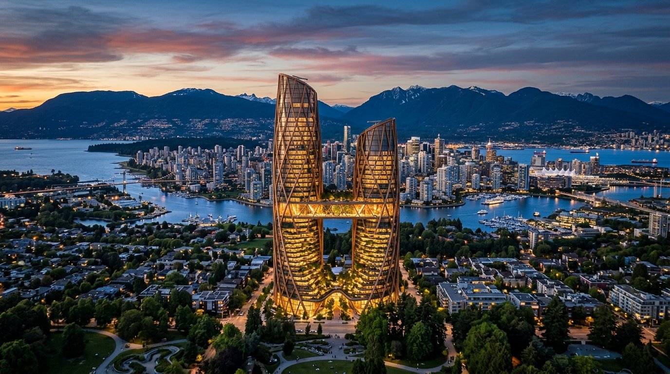 Queen Elizabeth Park Viewpoint looking north across Downtown Vancouver and The Rainforest Commons Twin Spires