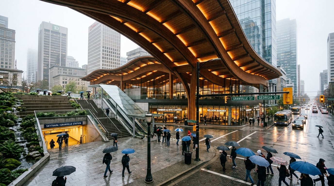 SW Corner SkyTrain Transit Portal in Rain
